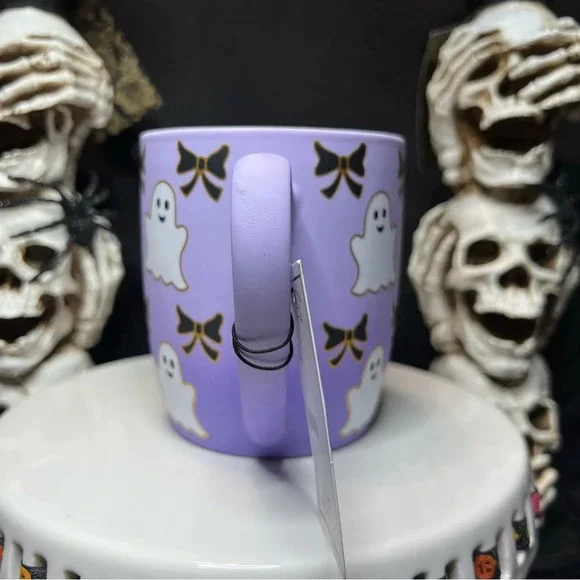 Cobwebs & Cauldrons Halloween Purple Ombre White Ghost Black Bow Coffee Mugs - Picture 6 of 12